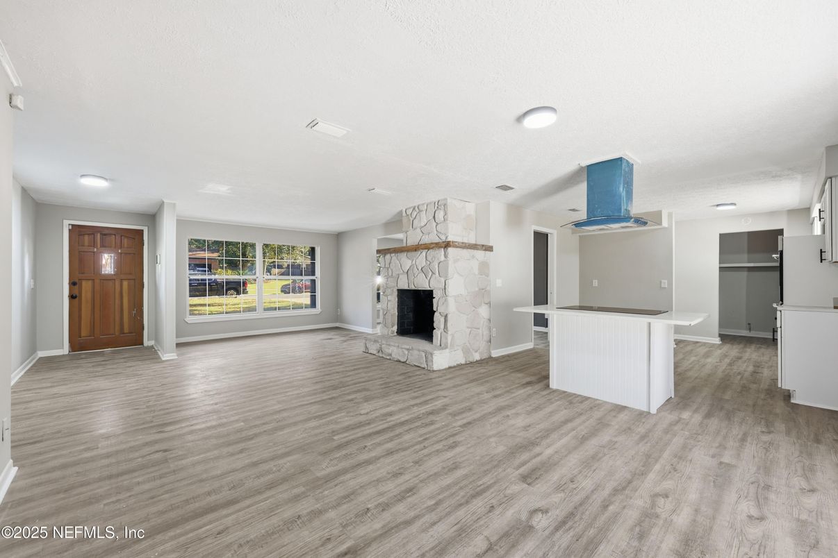 Fireplace, Interior, Recessed Lighting, Wood Texture Flooring
