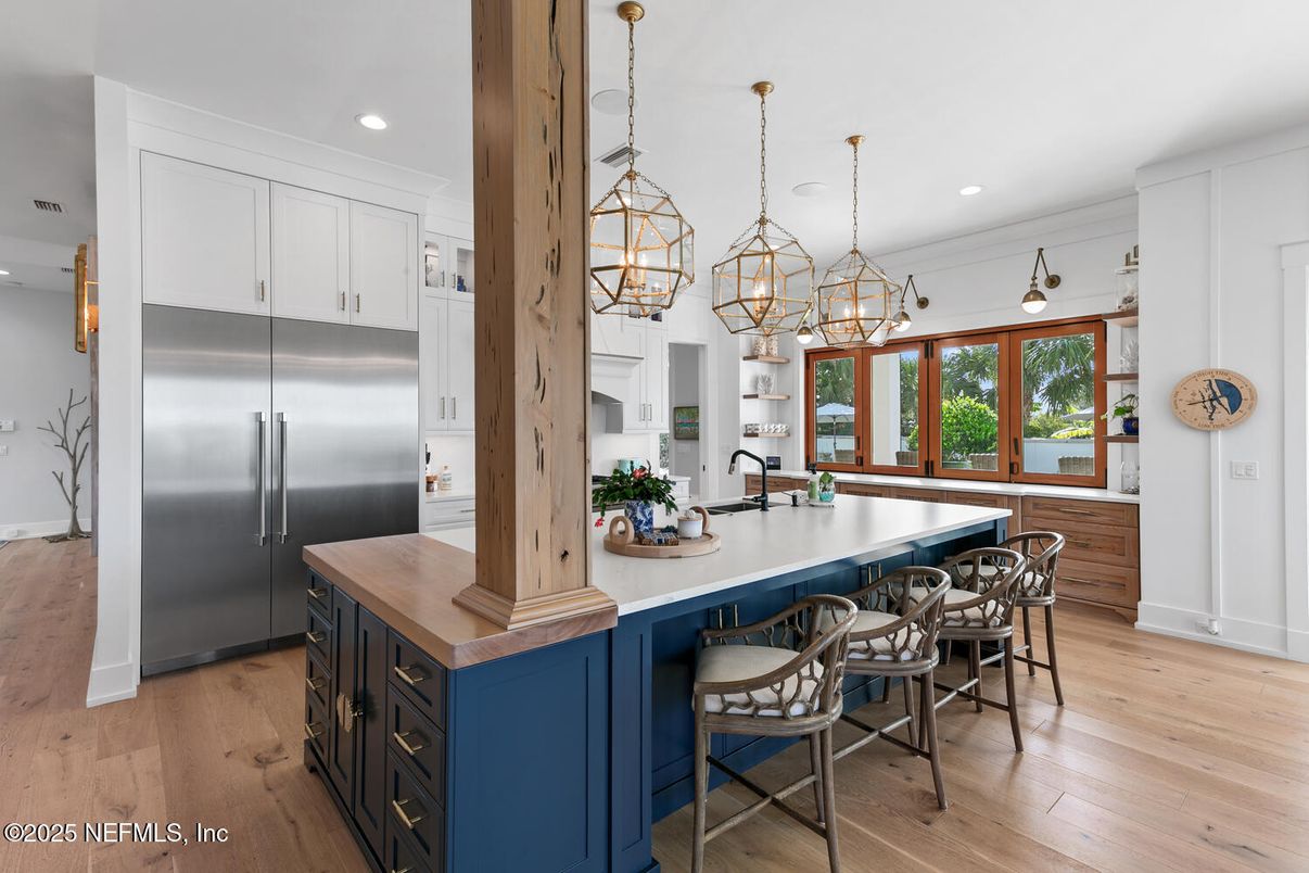Chandelier, Interior, Kitchen, Pendant Lights, Recessed Lighting, Stainless Steel Appliances, Wood Texture Flooring