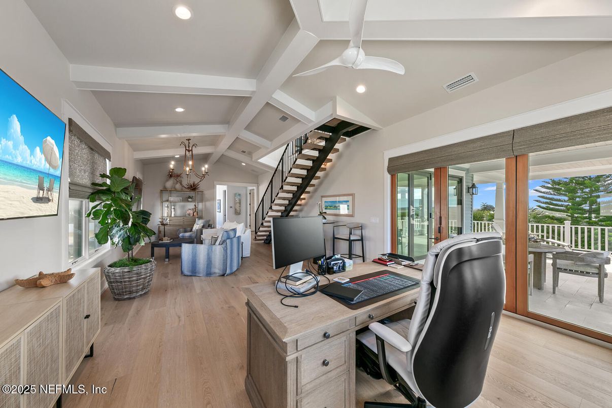 Chandelier, Home Office, Interior, Living room, Recessed Lighting, Wood Texture Flooring