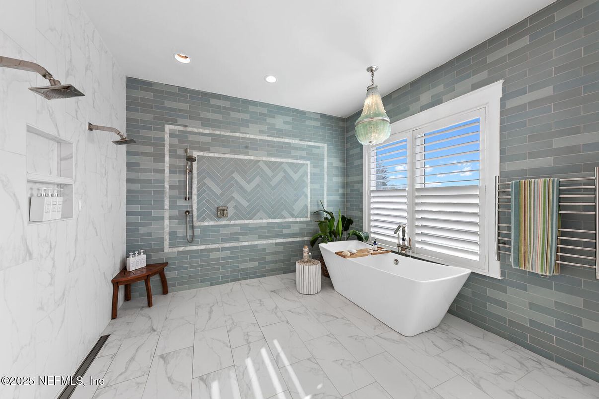 Bathroom, Free Standing Baths, Glass Shower, Interior, Marble, Marble Walls, Recessed Lighting