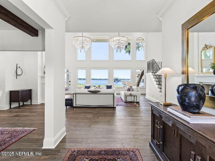 Chandelier, Fireplace, Interior, Living room, Water, Wood Texture Flooring