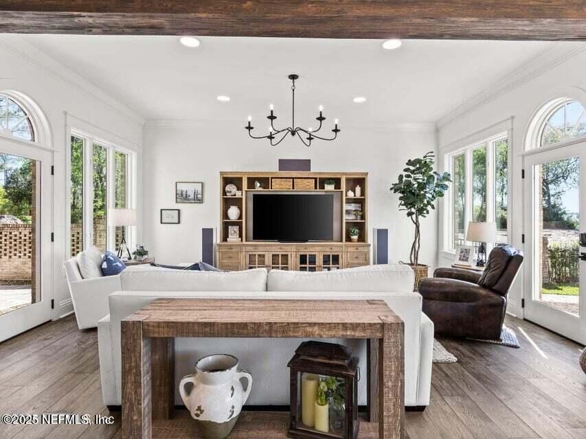 Chandelier, Interior, Living room, Recessed Lighting, Wood Texture Flooring