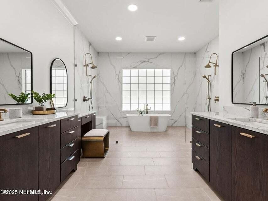 Bathroom, Dual Sink Vanities, Free Standing Baths, Interior, Marble Walls, Recessed Lighting