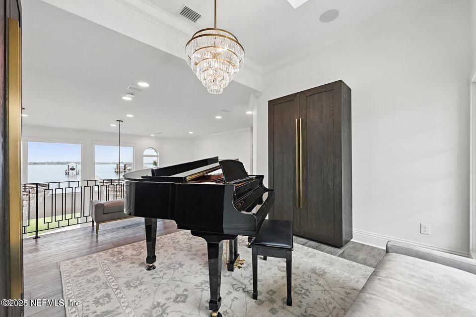 Chandelier, Interior, Piano, Recessed Lighting, Water, Wood Texture Flooring