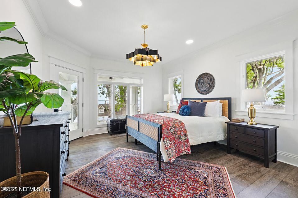 Bedroom, Chandelier, Interior, Recessed Lighting, Wood Texture Flooring