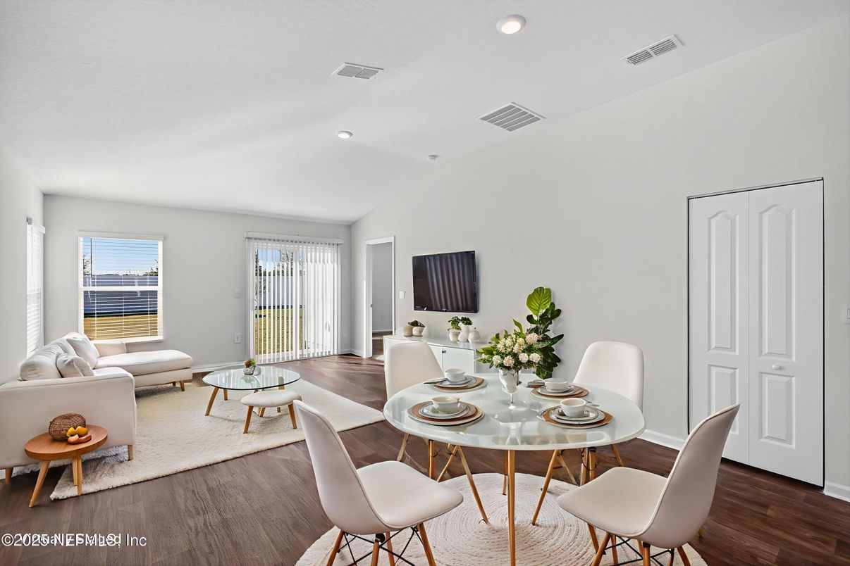 Dining room, Interior, Living room, Recessed Lighting, Wood Texture Flooring