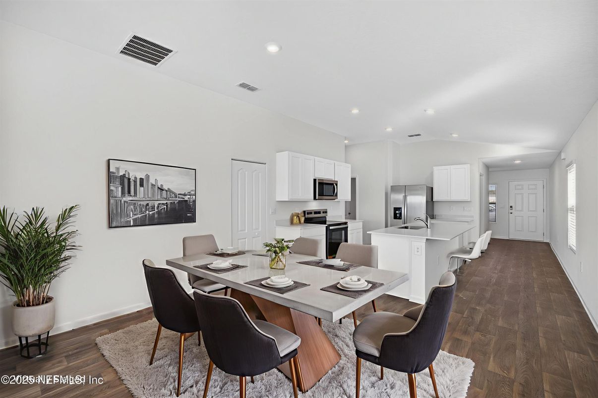 Dining room, Interior, Kitchen, Recessed Lighting, Stainless Steel Appliances, Wood Texture Flooring