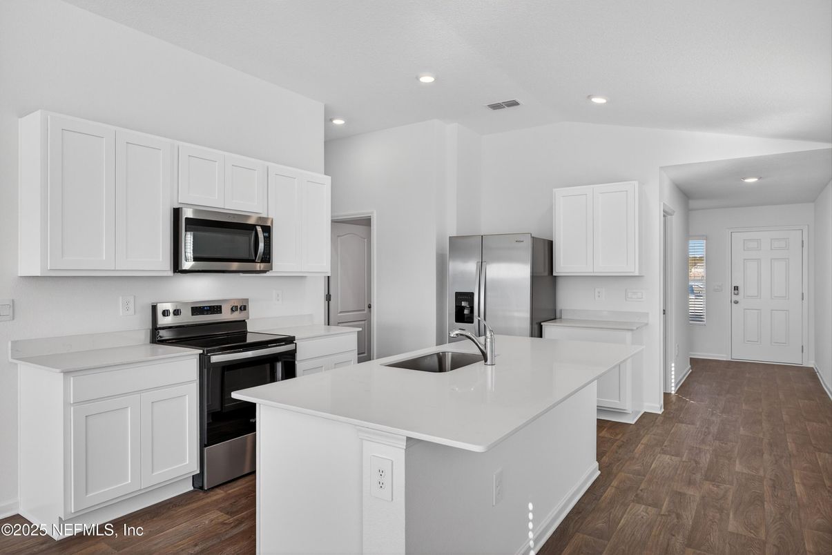 Interior, Kitchen, Recessed Lighting, Stainless Steel Appliances, Wood Texture Flooring