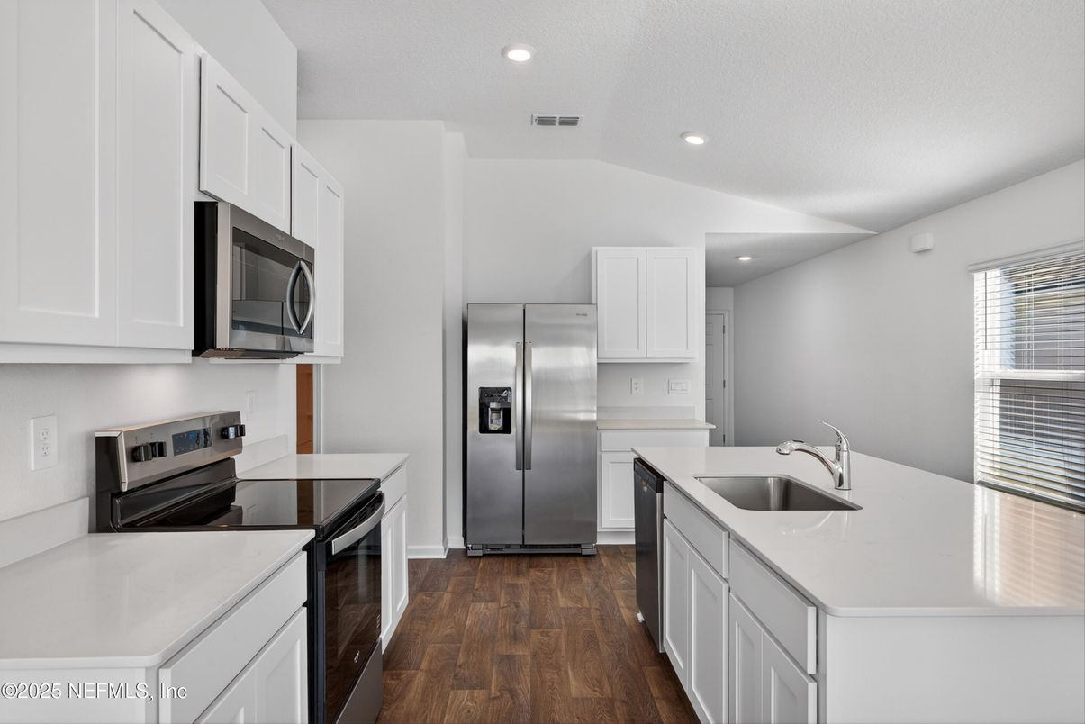 Interior, Kitchen, Recessed Lighting, Stainless Steel Appliances, Wood Texture Flooring