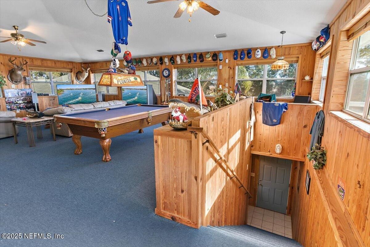 Billiard Table, Game Room, Interior, Pendant Lights, Wooden Walls