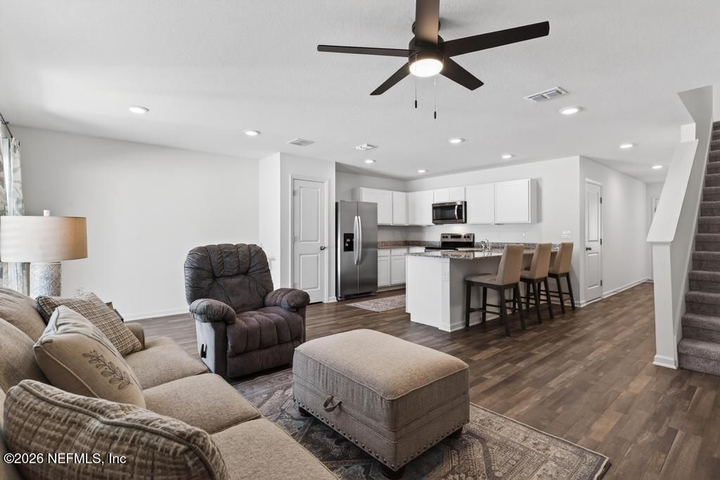 Interior, Kitchen, Living room, Recessed Lighting, Stainless Steel Appliances, Wood Texture Flooring