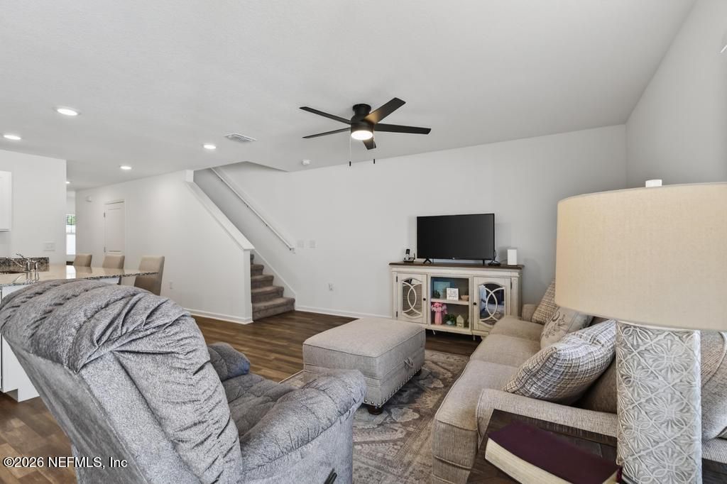 Dining room, Interior, Living room, Recessed Lighting, Wood Texture Flooring