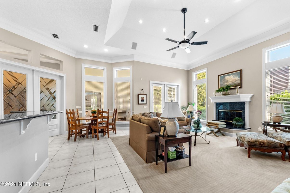 Dining room, Fireplace, Interior, Living room, Recessed Lighting