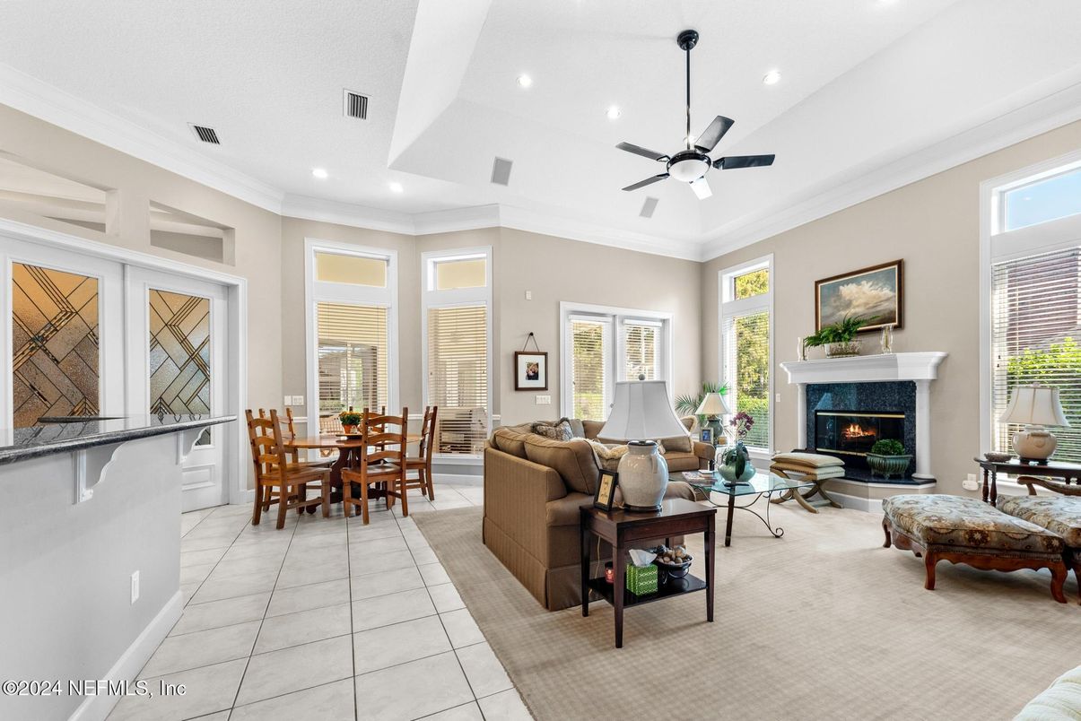 Dining room, Fireplace, Interior, Living room, Recessed Lighting
