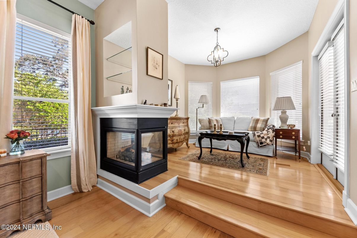 Fireplace, Interior, Pendant Lights, Wood Texture Flooring