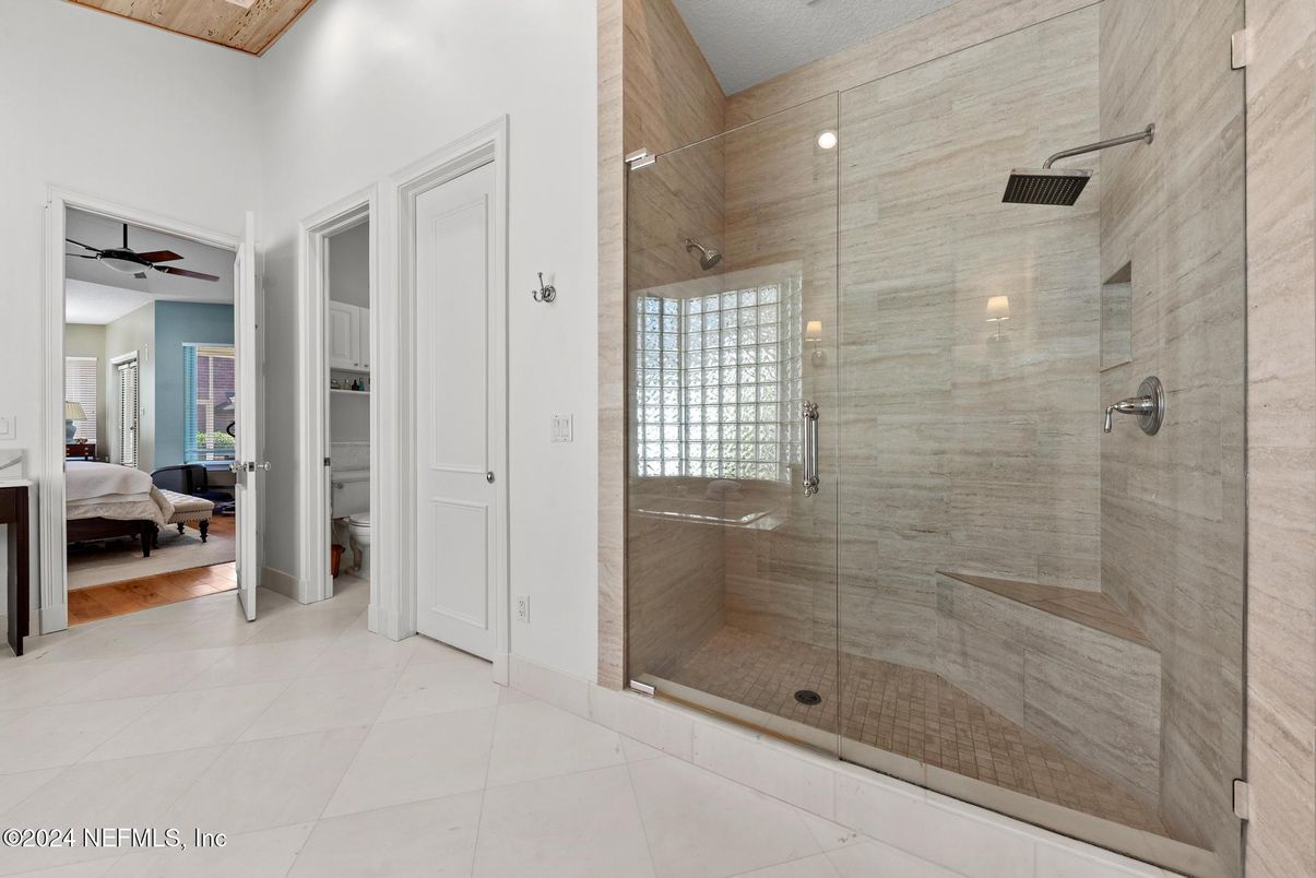 Bathroom, Bedroom, Glass Shower, Interior, Recessed Lighting, Wood Texture Flooring