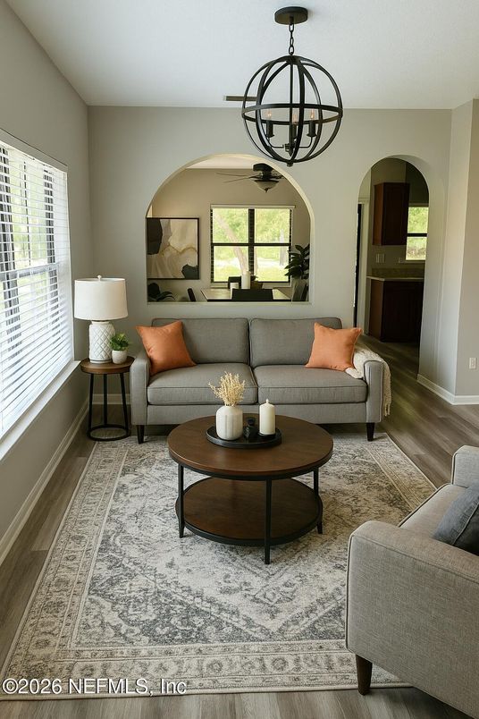 Chandelier, Interior, Living room, Pendant Lights, Wood Texture Flooring