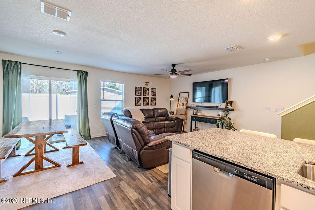Dining room, Interior, Kitchen, Living room, Recessed Lighting, Wood Texture Flooring