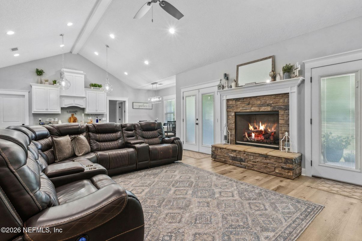 Fireplace, Interior, Kitchen, Living room, Pendant Lights, Recessed Lighting, Wood Texture Flooring