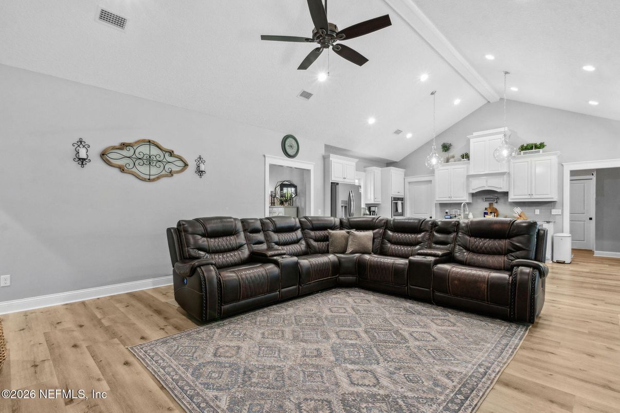 Interior, Kitchen, Living room, Pendant Lights, Recessed Lighting, Wood Texture Flooring