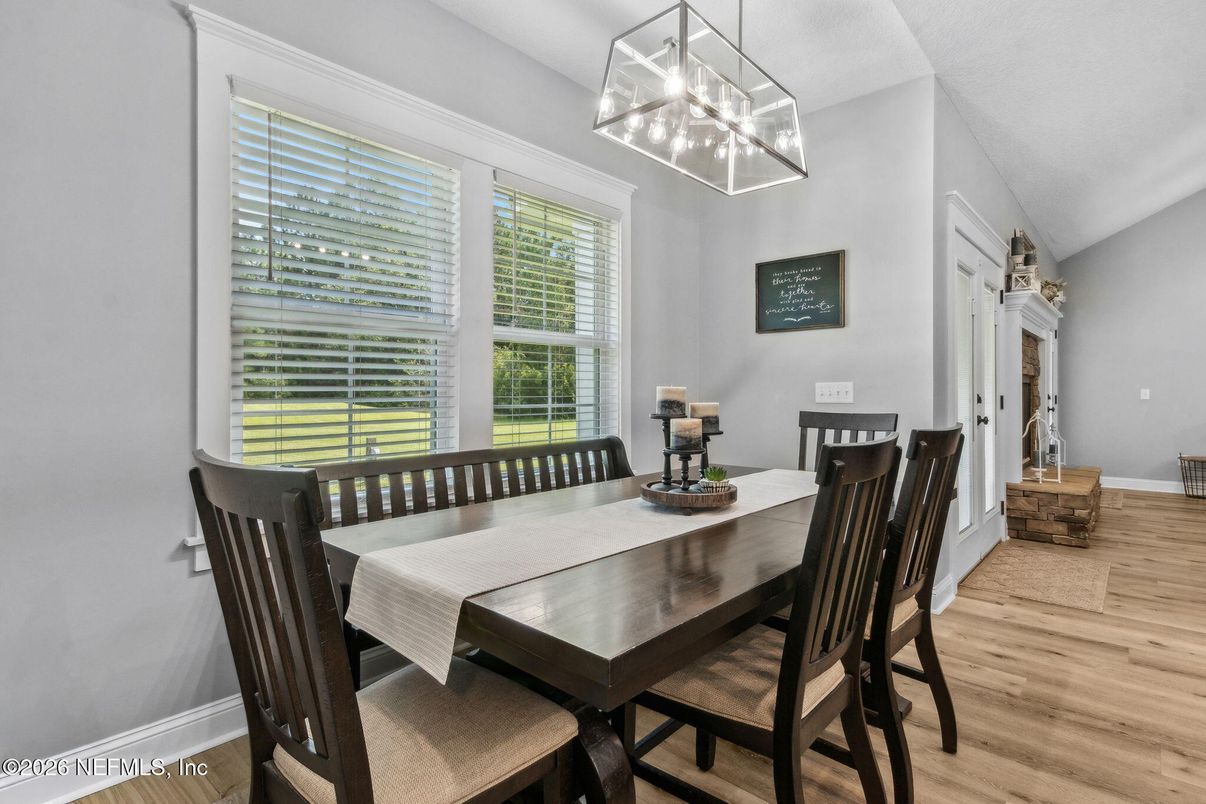 Dining room, Interior, Pendant Lights, Wood Texture Flooring