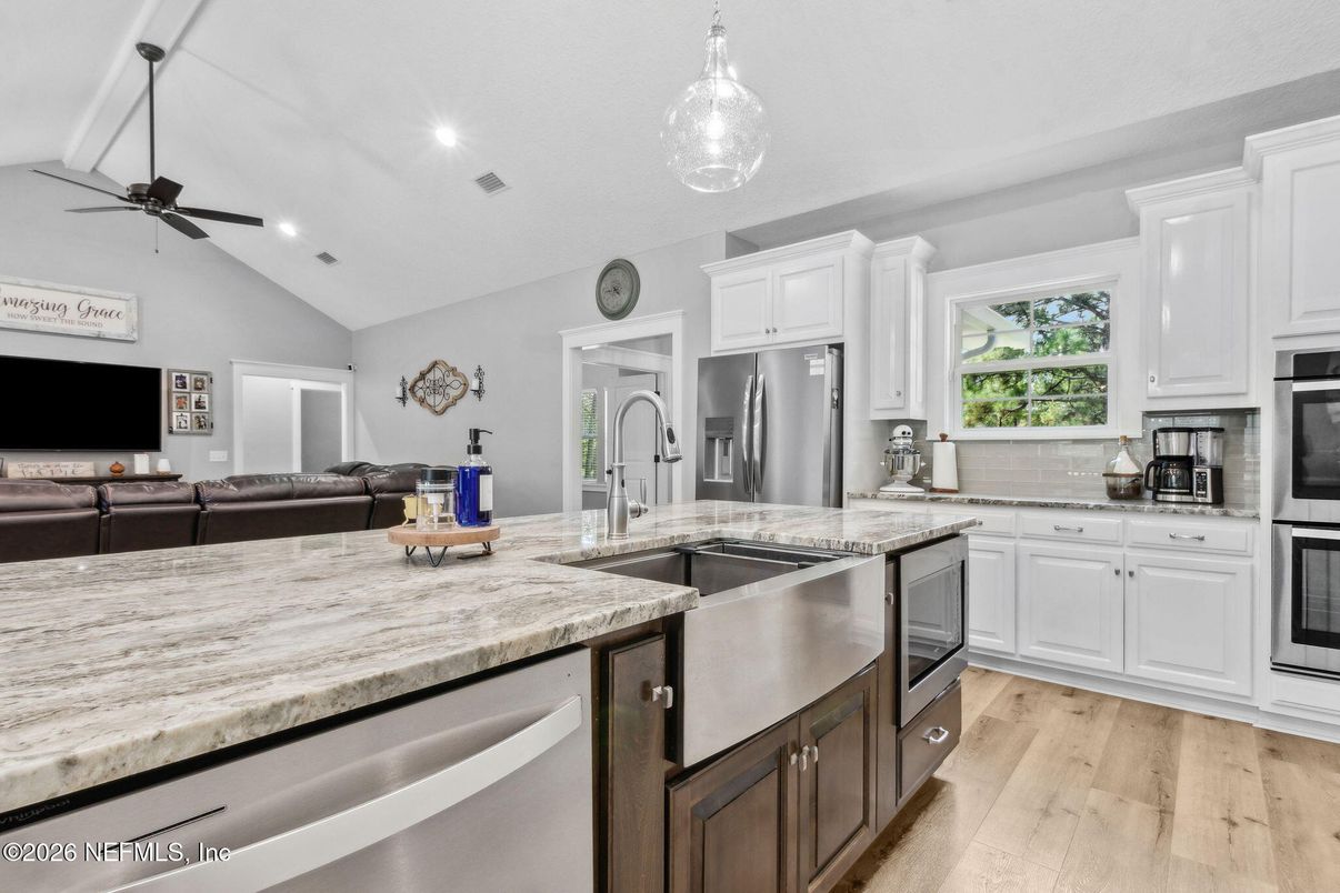 Interior, Kitchen, Living room, Pendant Lights, Recessed Lighting, Stainless Steel Appliances, Wood Texture Flooring