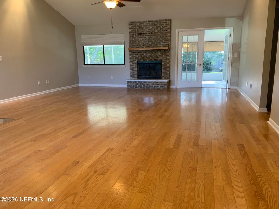 Empty room, Fireplace, Interior, Stone Walls, Wood Texture Flooring
