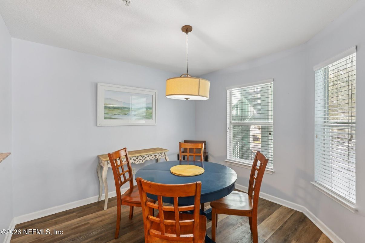Dining room, Interior, Pendant Lights, Wood Texture Flooring