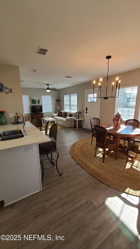 Dining room, Interior, Living room, Pendant Lights, Wood Texture Flooring
