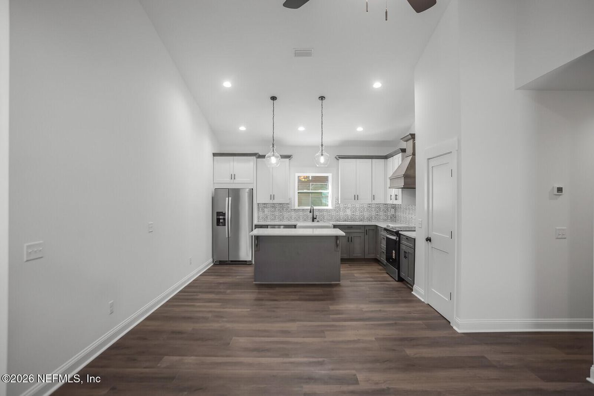 Interior, Kitchen, Pendant Lights, Recessed Lighting, Stainless Steel Appliances, Wood Texture Flooring
