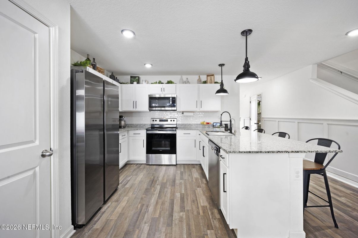 Interior, Kitchen, Pendant Lights, Recessed Lighting, Stainless Steel Appliances, Wood Texture Flooring