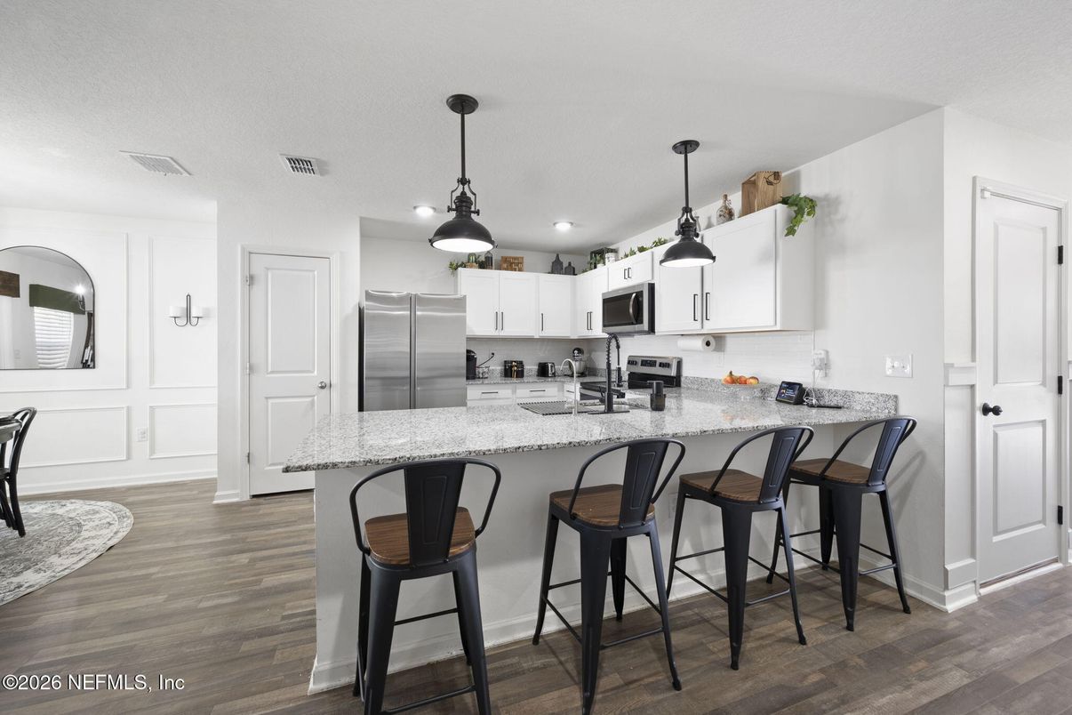 Interior, Kitchen, Pendant Lights, Recessed Lighting, Stainless Steel Appliances, Wood Texture Flooring