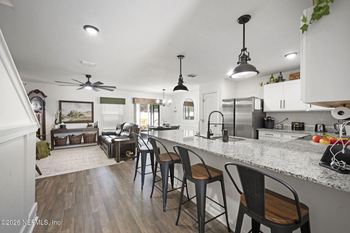 Interior, Kitchen, Living room, Pendant Lights, Recessed Lighting, Stainless Steel Appliances, Wood Texture Flooring