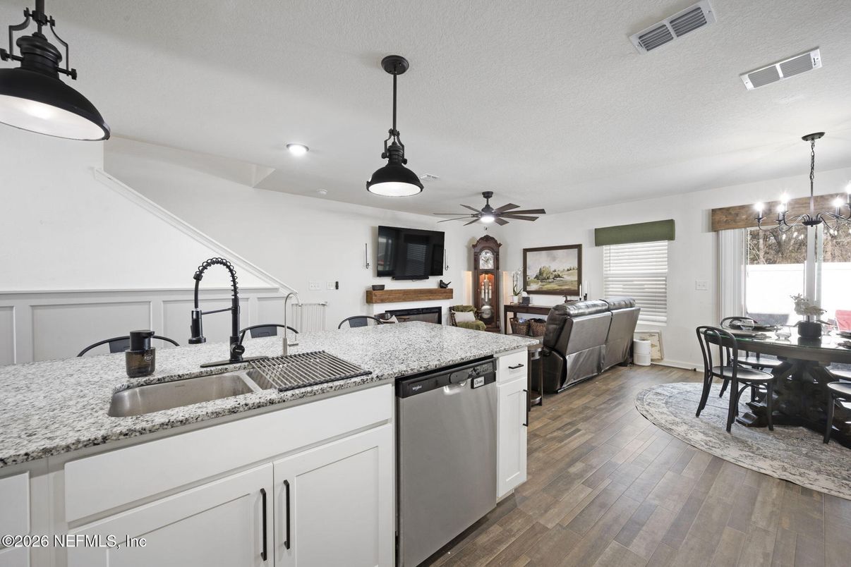 Dining room, Interior, Kitchen, Living room, Pendant Lights, Recessed Lighting, Wood Texture Flooring