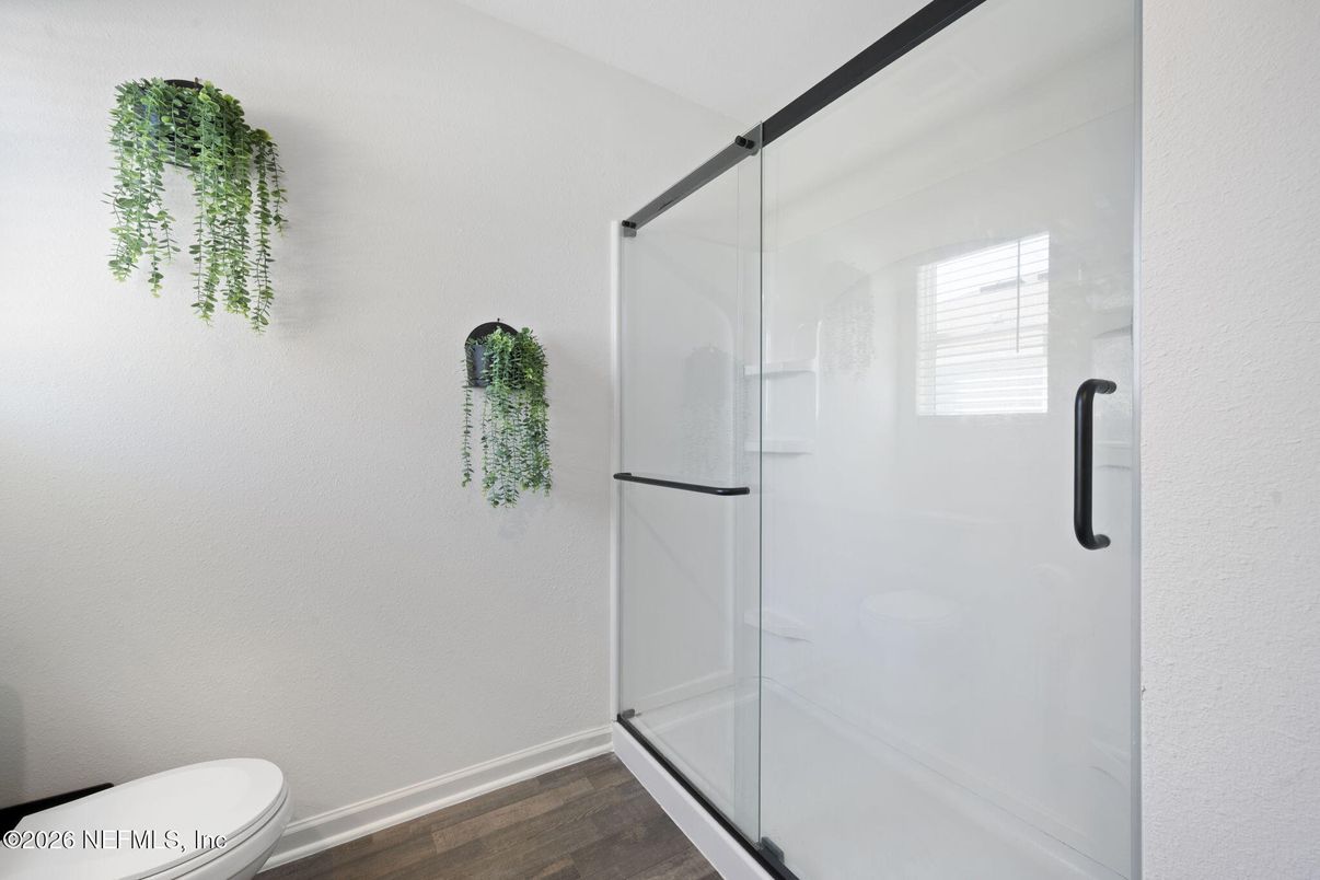 Bathroom, Glass Shower, Interior, Wood Texture Flooring