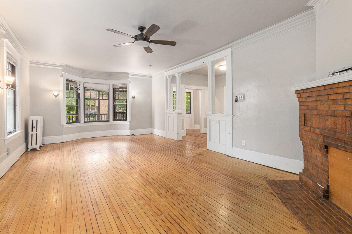 Empty room, Fireplace, Interior, Stone Walls, Wood Texture Flooring