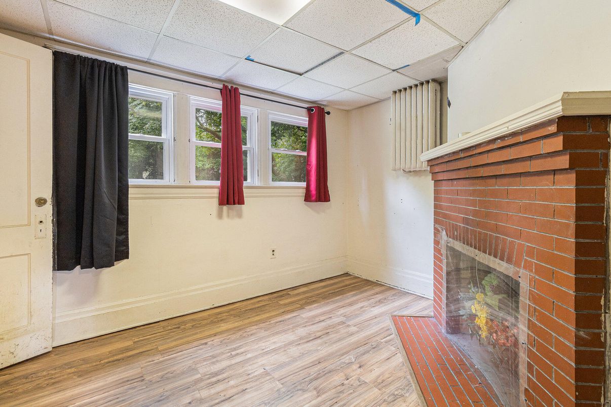 Empty room, Fireplace, Interior, Stone Walls, Wood Texture Flooring