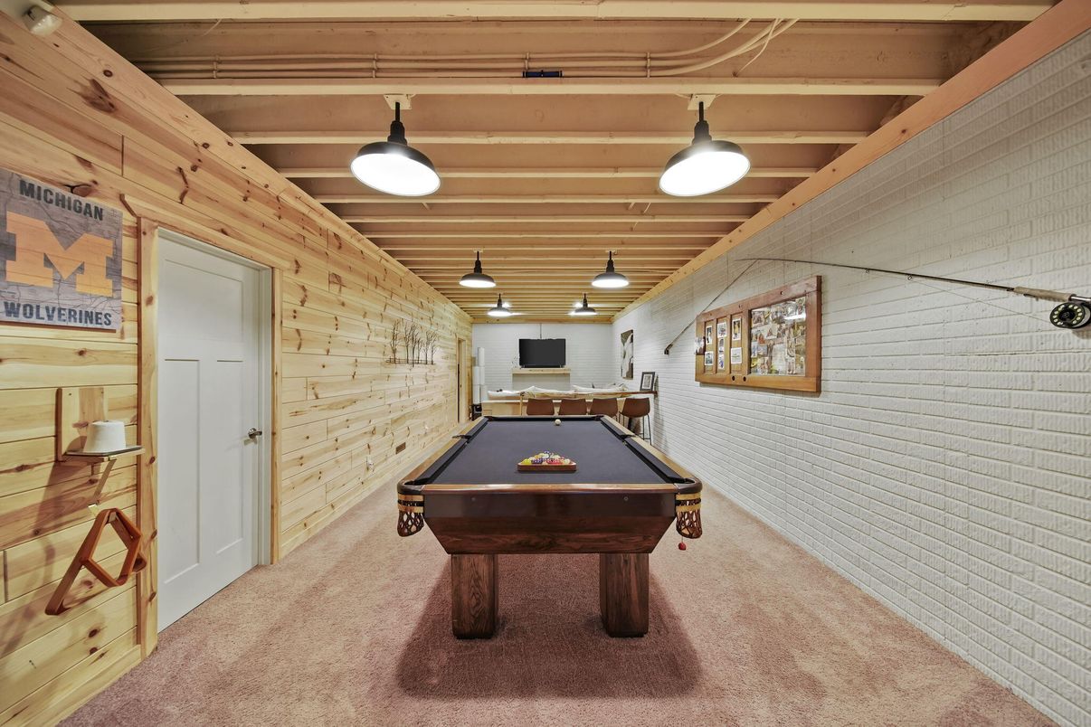 Billiard Table, Game Room, Interior, Pendant Lights, Stone Walls, Wooden Ceilings, Wooden Walls