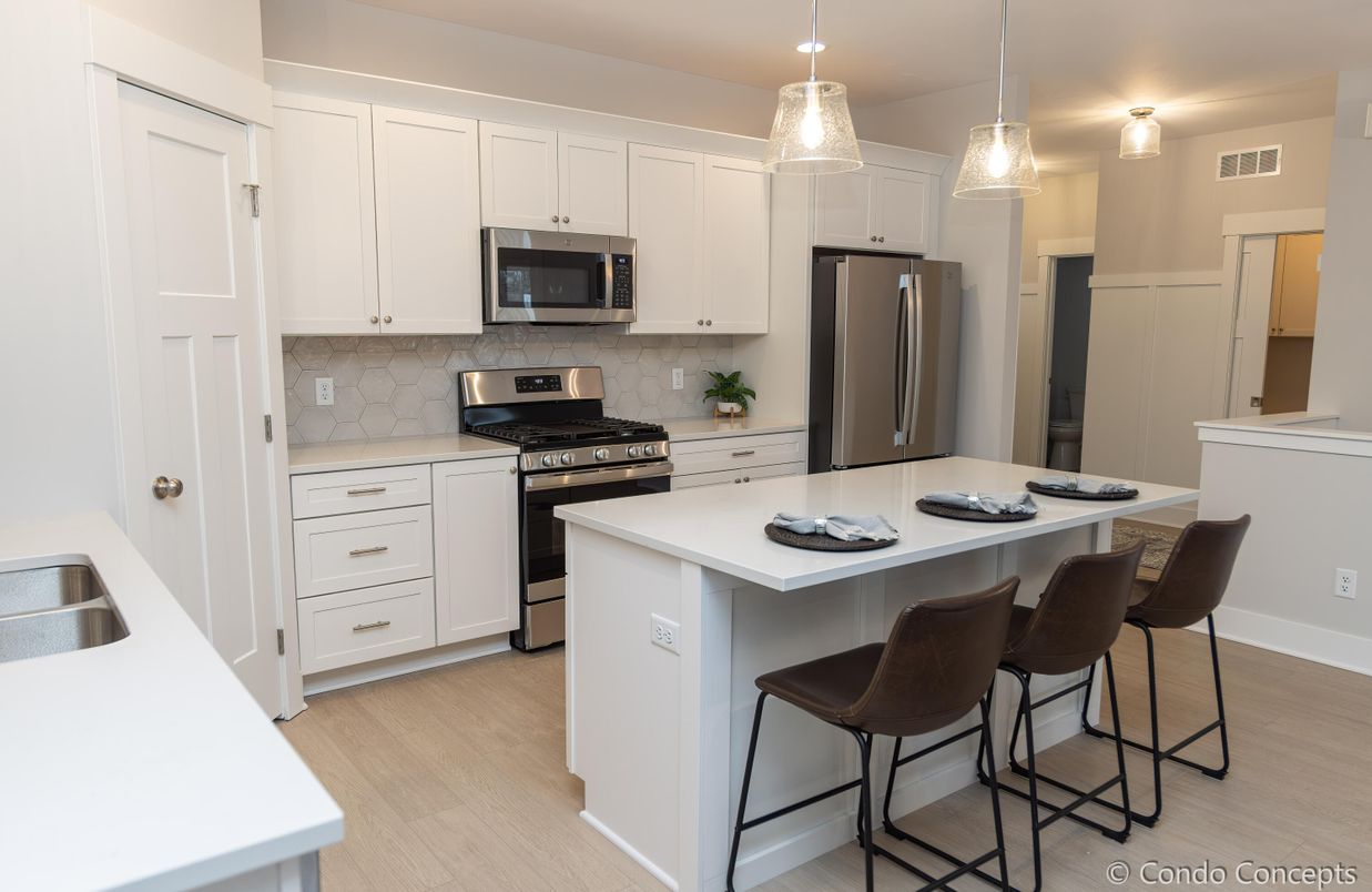 Interior, Kitchen, Pendant Lights, Recessed Lighting, Stainless Steel Appliances, Wood Texture Flooring