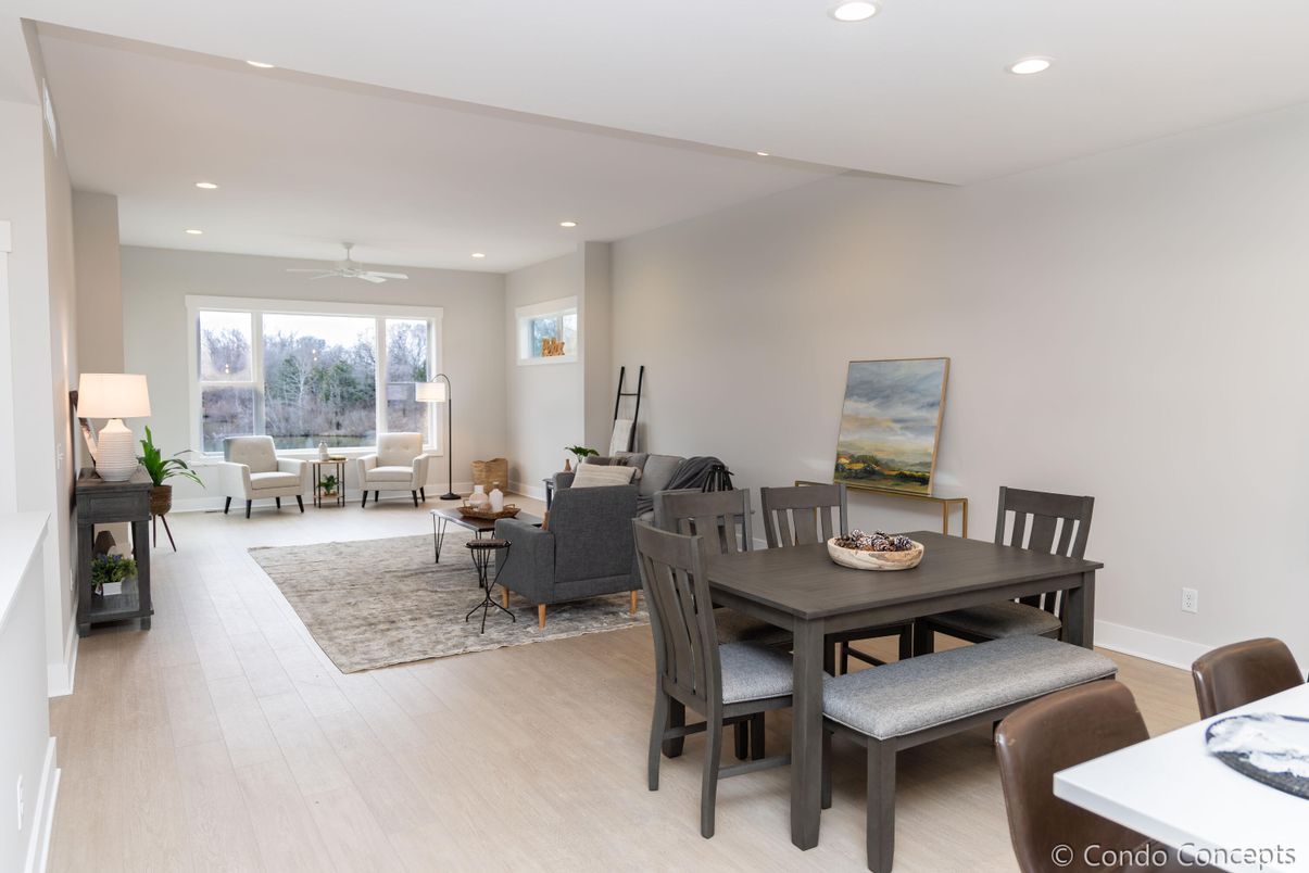 Dining room, Interior, Living room, Recessed Lighting, Wood Texture Flooring