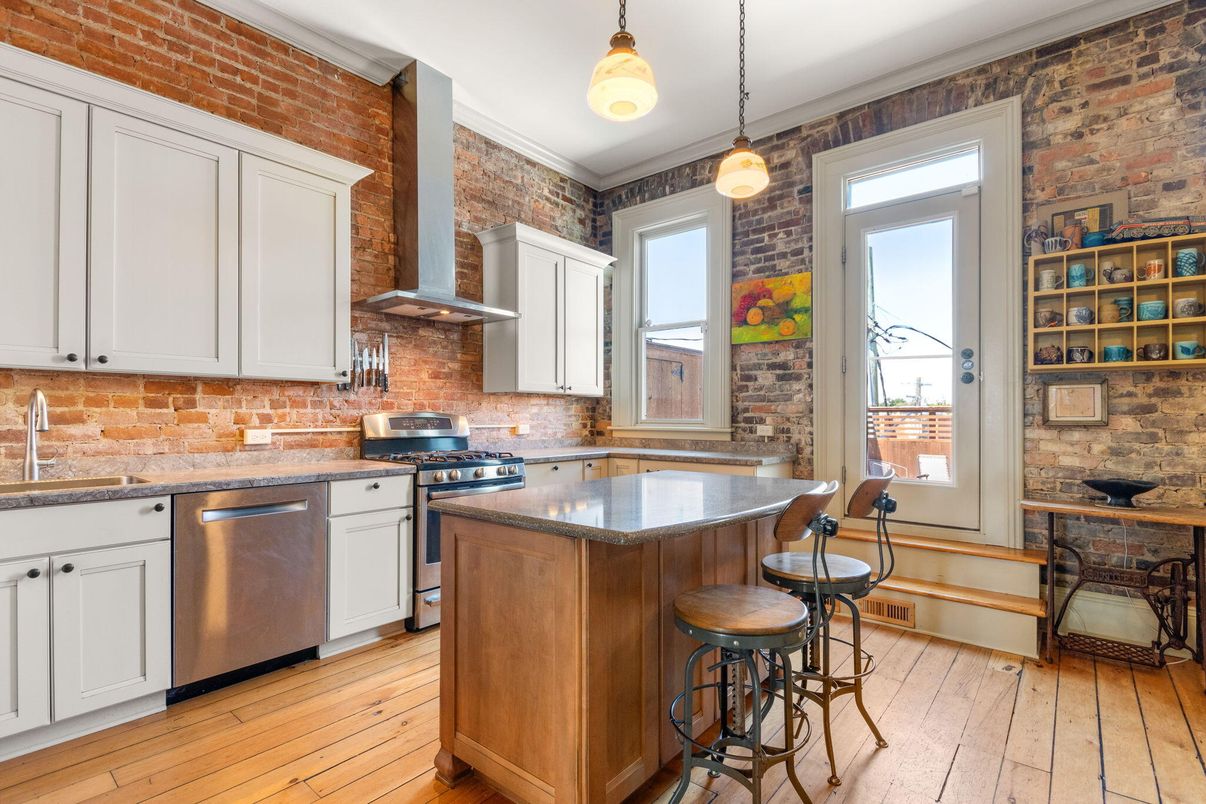 Interior, Kitchen, Pendant Lights, Stainless Steel Appliances, Stone Walls, Wood Texture Flooring