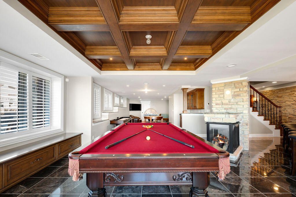 Billiard Table, Fireplace, Game Room, Interior, Recessed Lighting, Stone Walls, Wooden Beams