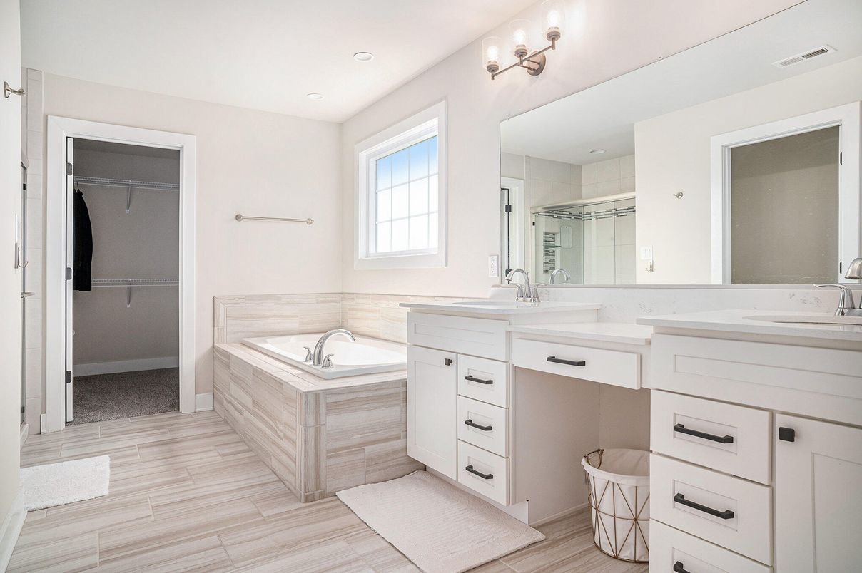 Bathroom, Dual Sink Vanities, Interior, Recessed Lighting, Wood Texture Flooring