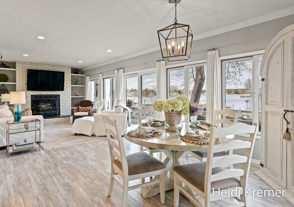 Dining room, Fireplace, Interior, Living room, Pendant Lights, Recessed Lighting, Stone Walls, Wood Texture Flooring