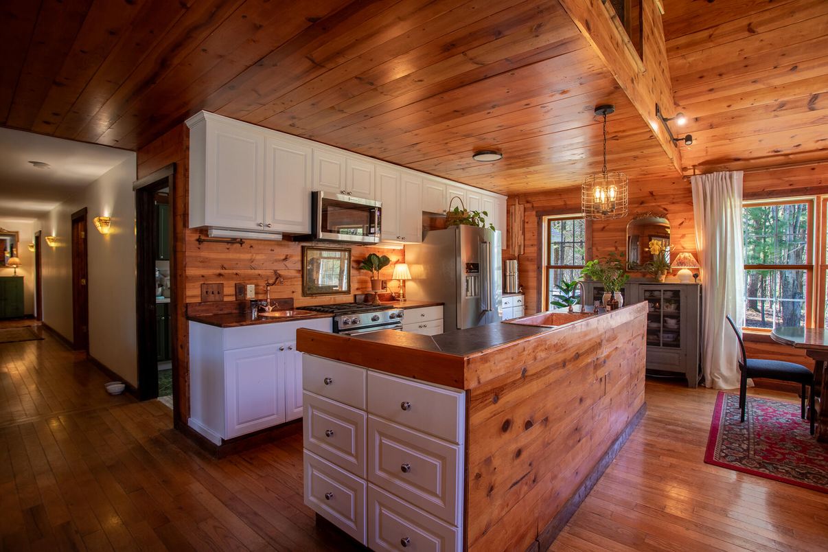 Interior, Kitchen, Pendant Lights, Wooden Ceilings, Wood Texture Flooring, Wooden Walls