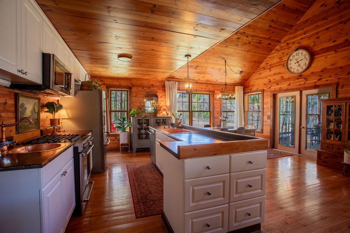 Interior, Kitchen, Pendant Lights, Wooden Ceilings, Wood Texture Flooring, Wooden Walls