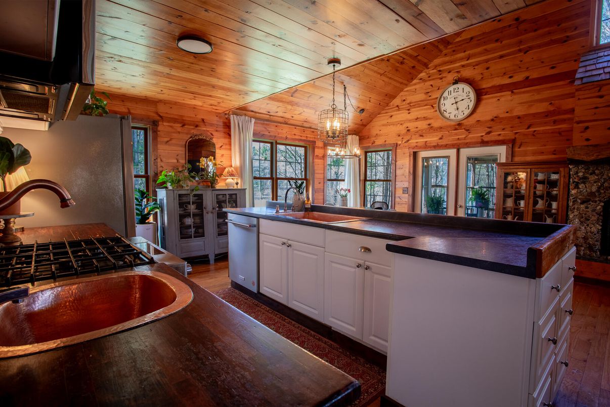 Chandelier, Interior, Kitchen, Pendant Lights, Wooden Ceilings, Wood Texture Flooring, Wooden Walls
