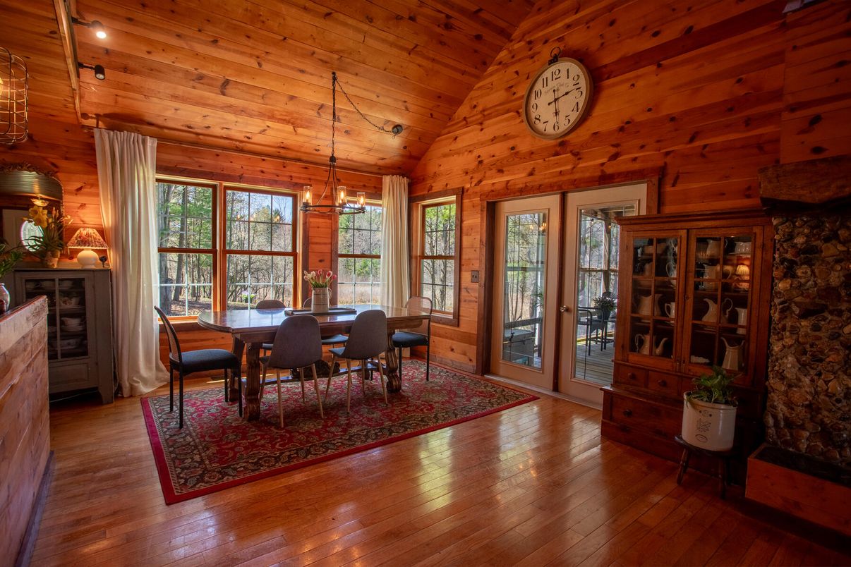 Dining room, Interior, Pendant Lights, Wooden Ceilings, Wood Texture Flooring, Wooden Walls