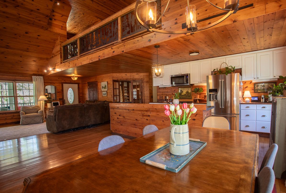 Dining room, Interior, Kitchen, Living room, Pendant Lights, Stainless Steel Appliances, Wooden Beams, Wooden Ceilings, Wood Texture Flooring, Wooden Walls
