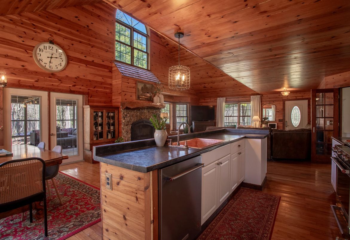 Fireplace, Interior, Kitchen, Pendant Lights, Wooden Ceilings, Wood Texture Flooring, Wooden Walls